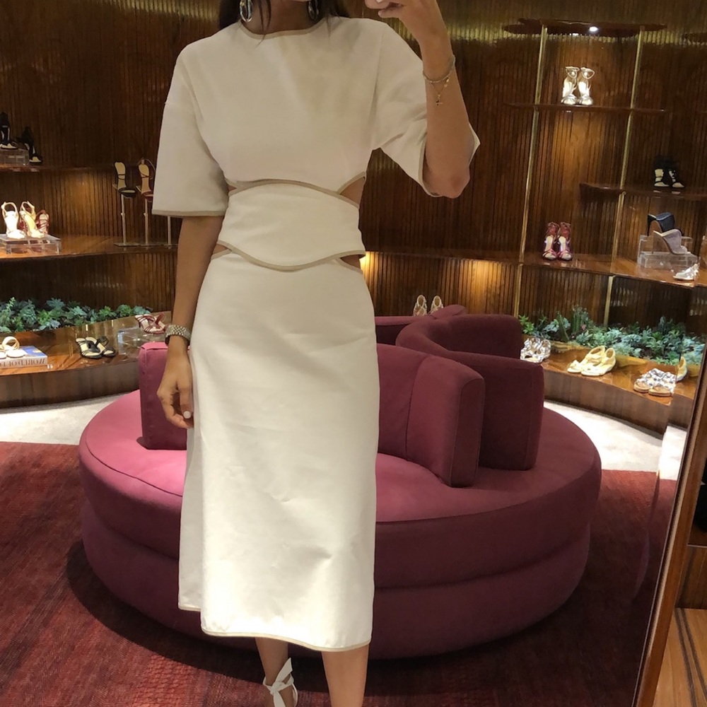 Yigal Azrouel Cream Midi Dress with Cutout Waist